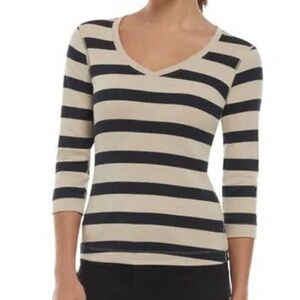 Three Dots Women’s Long Sleeve V-neck Striped 3/4 Sleeve Cotton Shirt Size Small